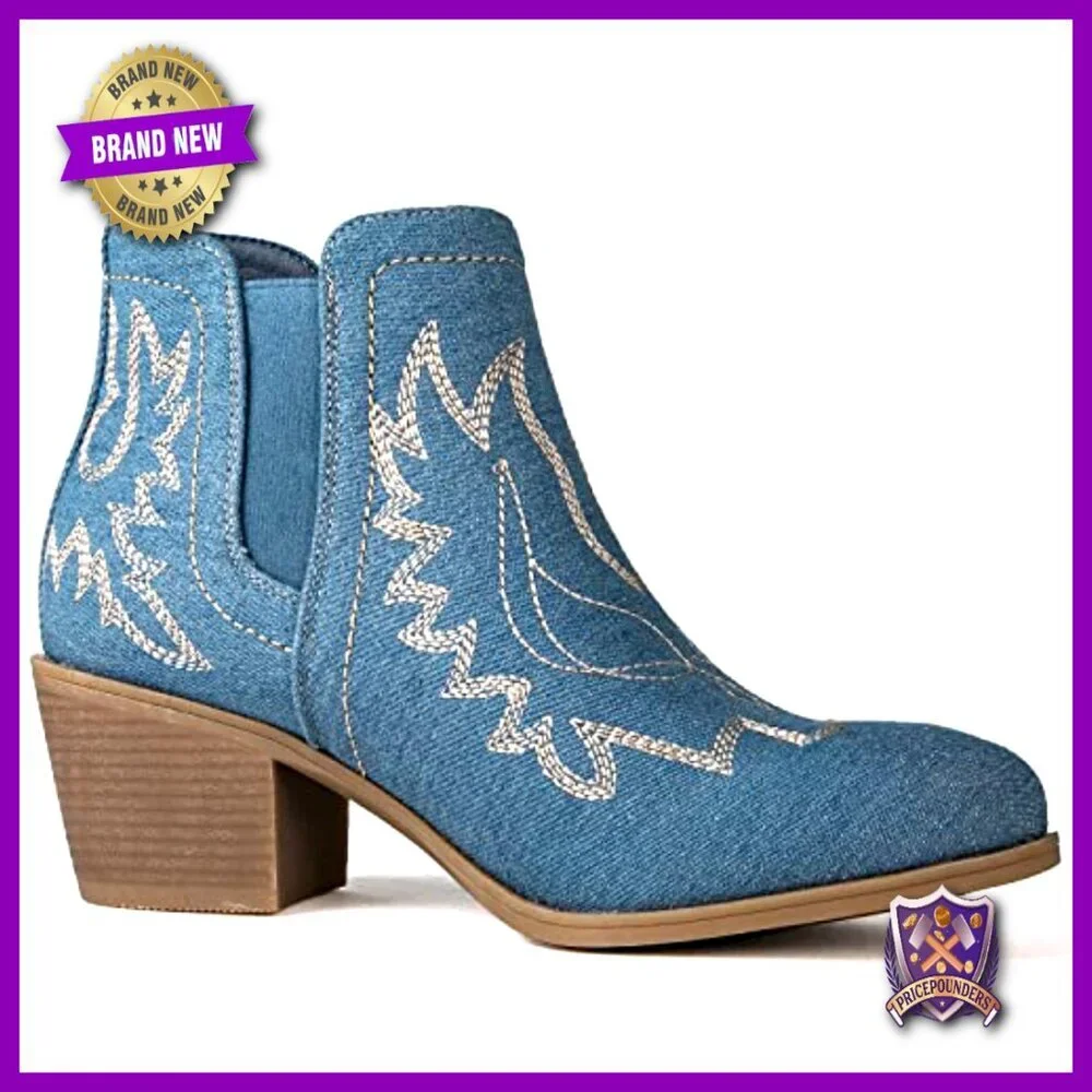 Western Cowgirl Ankle Boots Pull On Vegan Leather Low Heel Comfortable Chic